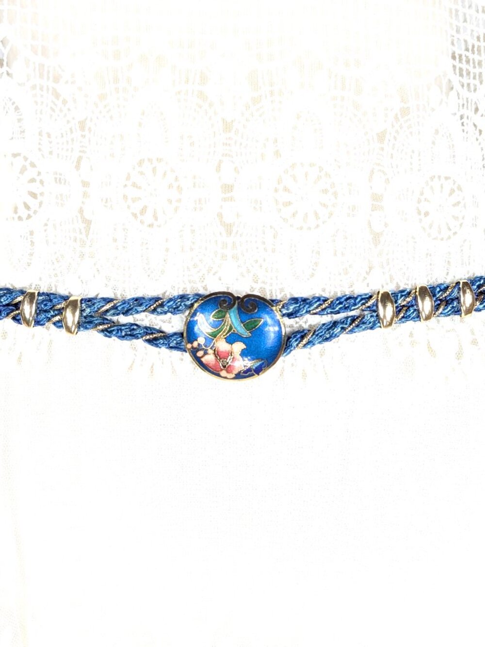 80s vintage braided rope cloisonne blue gold stretch belt